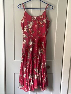 Xhilaration Red Floral Midi Dress with Pleated Skirt